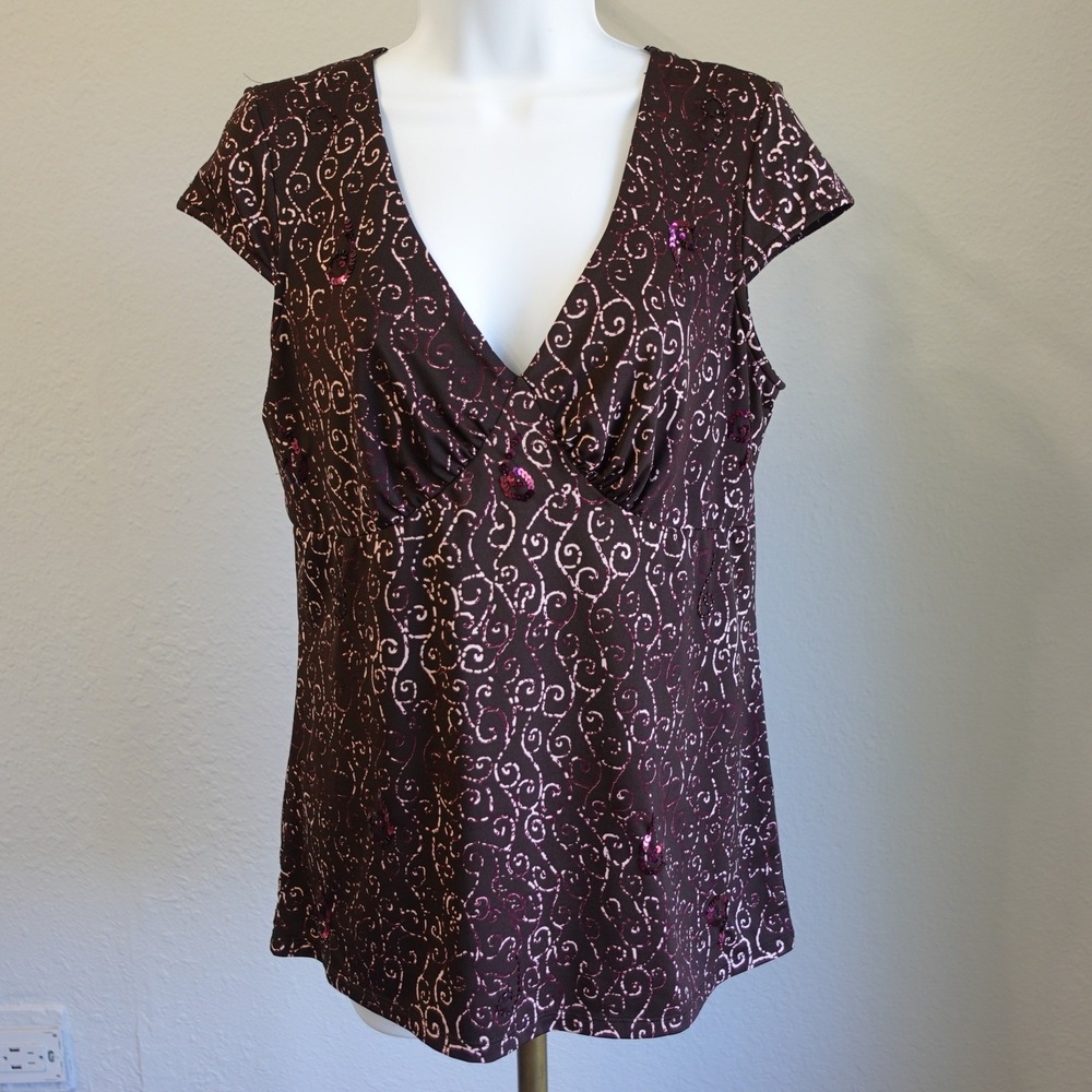 INC Vintage Y2K Brown Pink Swirl Sequin Babydoll Top Large Stretch V Neck Shirt